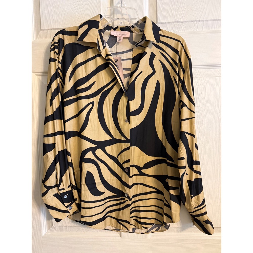 Philosophy Republic Clothing Zebra Print Button Down Shirt Tan Black Medium NWT